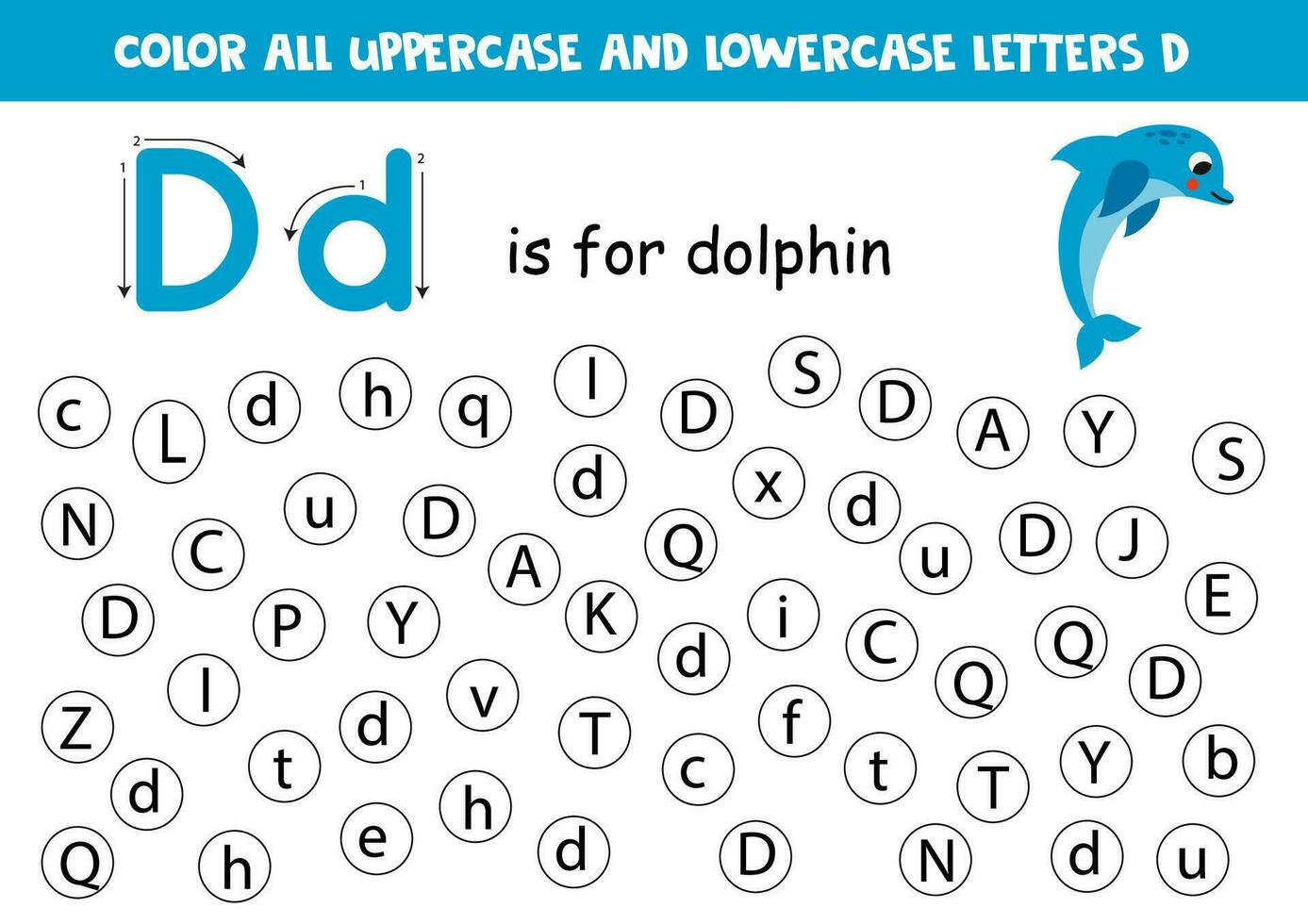 Find and dot all letters D. Educational worksheet for learning alphabet. Cute dolphin. vector