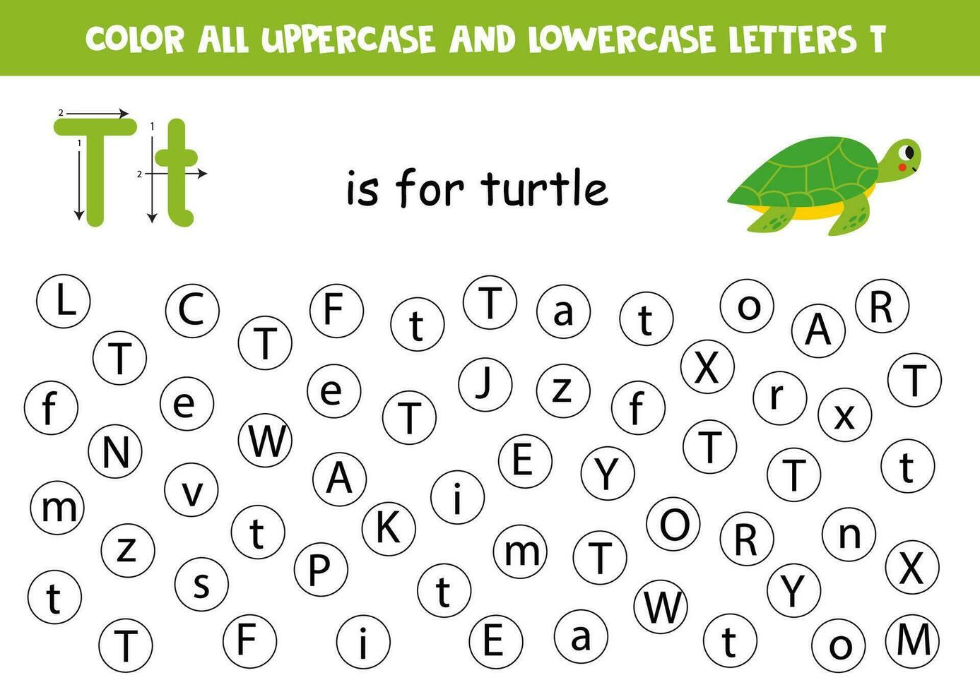 Find and dot all letters T. Educational worksheet for learning alphabet. Cute turtle. vector