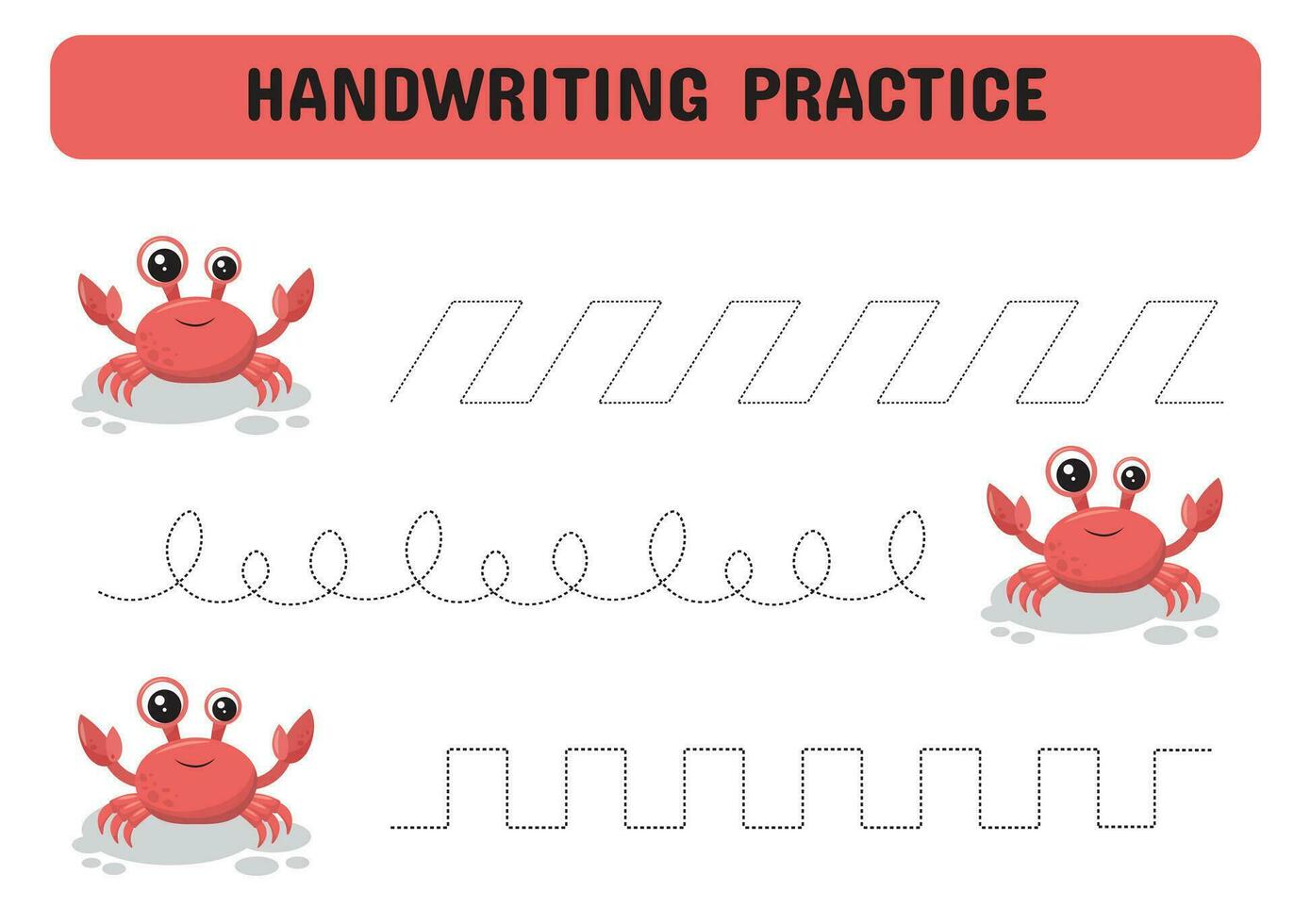 Tracing lines for children. Handwriting practice with crabs. Educational game for preschool kids. Printable Page worksheet. Vector illustration.