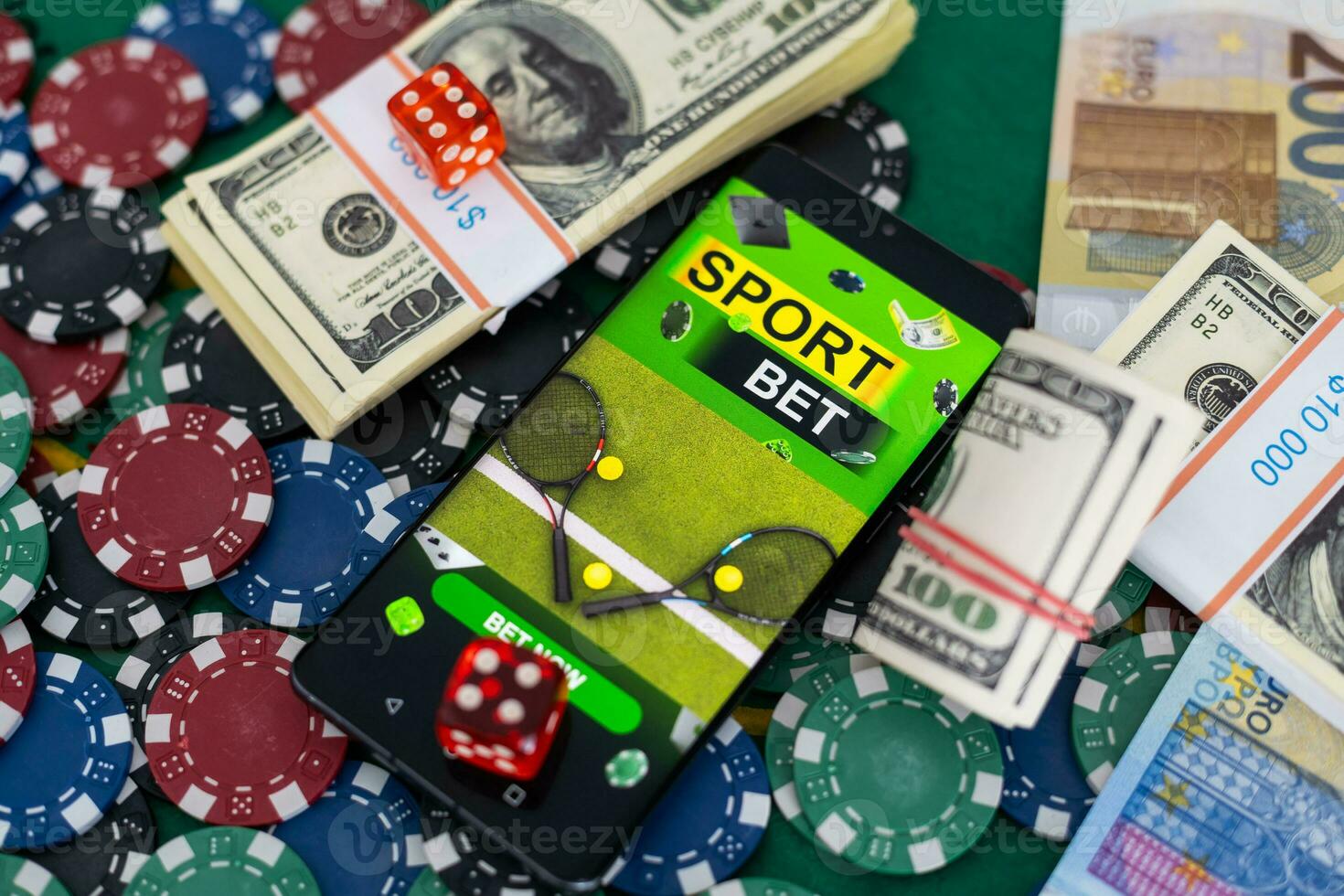 Gambling online casino Internet betting concept. Jackpot, casino chips. computer keyboard, laptop with poker chips, dice. Casino tokens, gaming chips, checks, or cheques. photo