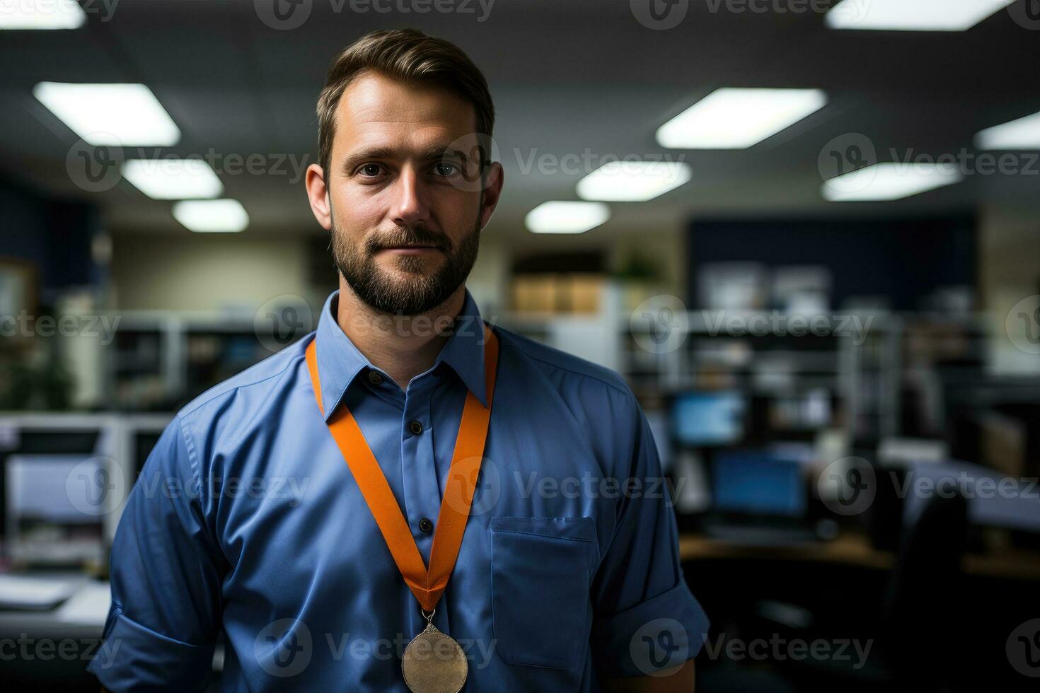 AI generated Dedicated employee award shines in a thoughtfully decorated workspace, recognition and reward images photo