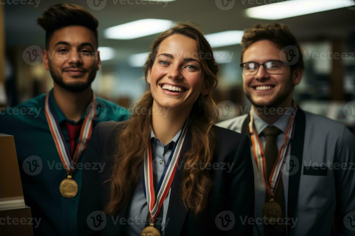 ai generado dedicado empleado premio brilla en un pensativamente decorado espacio de trabajo, reconocimiento y recompensa imágenes foto