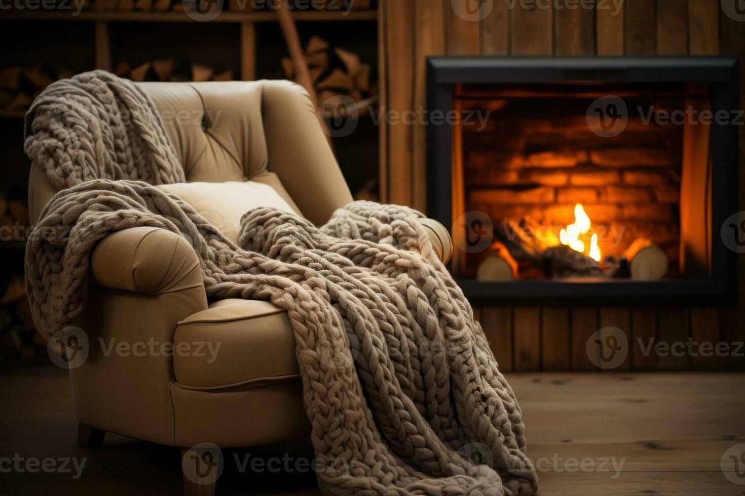 AI generated A knitted pillow surrounded by fairy lights creating a dreamy and enchanting atmosphere in a corner of the room, hygge concept photo