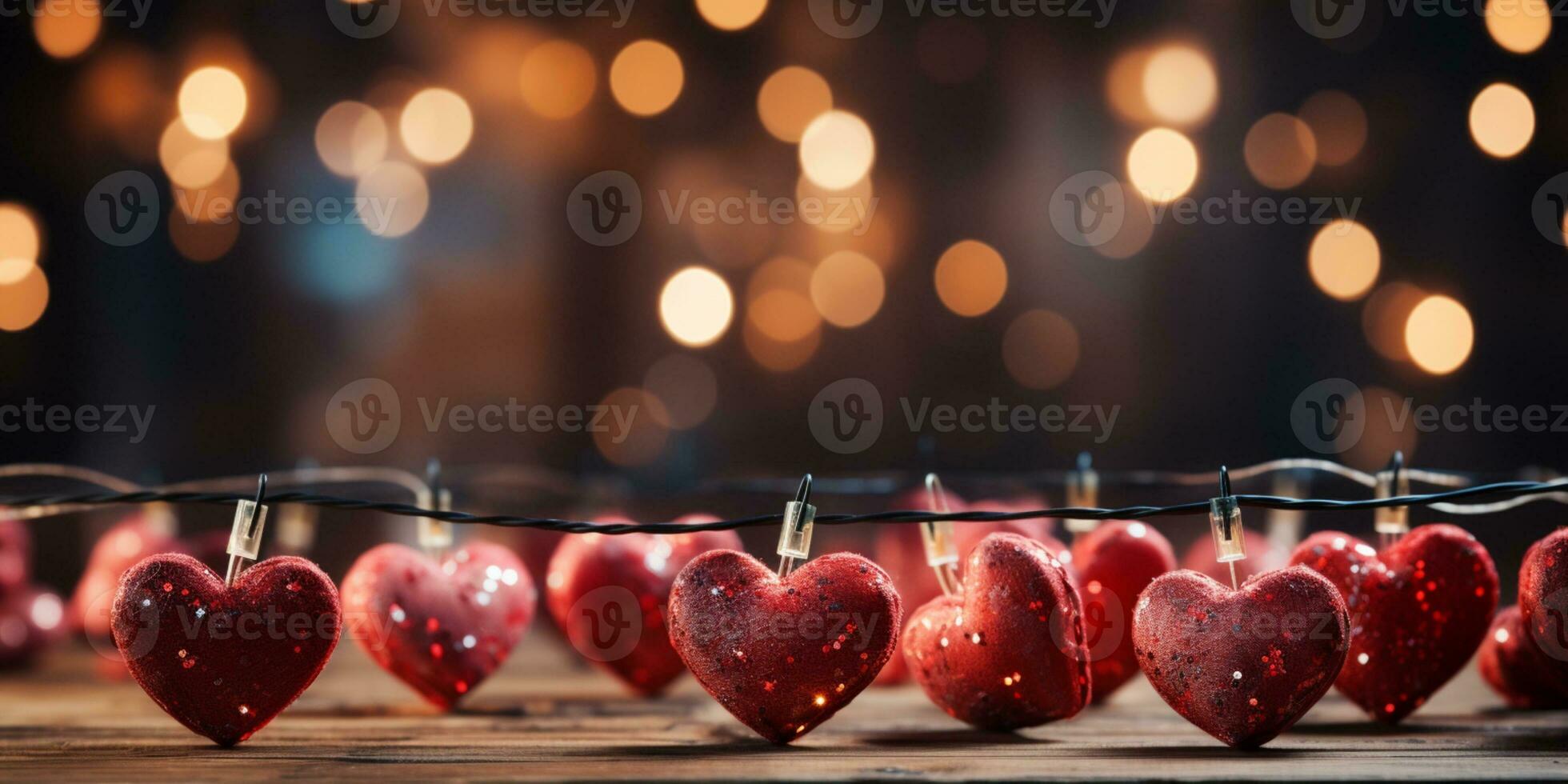 AI generated Happy Valentine's Day Wedding Birthday Background Banner Panoramic Greeting Red Hearts Hanging On Wooden Clothespins Rope With Bokeh Lights On Background photo