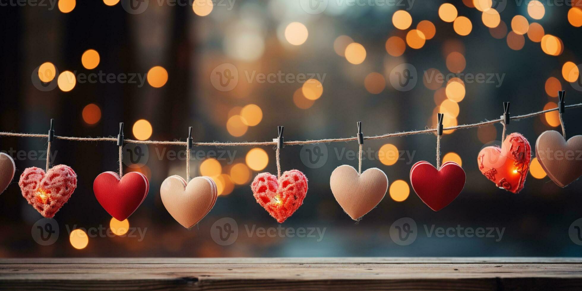 AI generated Happy Valentine's Day Wedding Birthday Background Banner Panoramic Greeting Red Hearts Hanging On Wooden Clothespins Rope With Bokeh Lights On Background photo