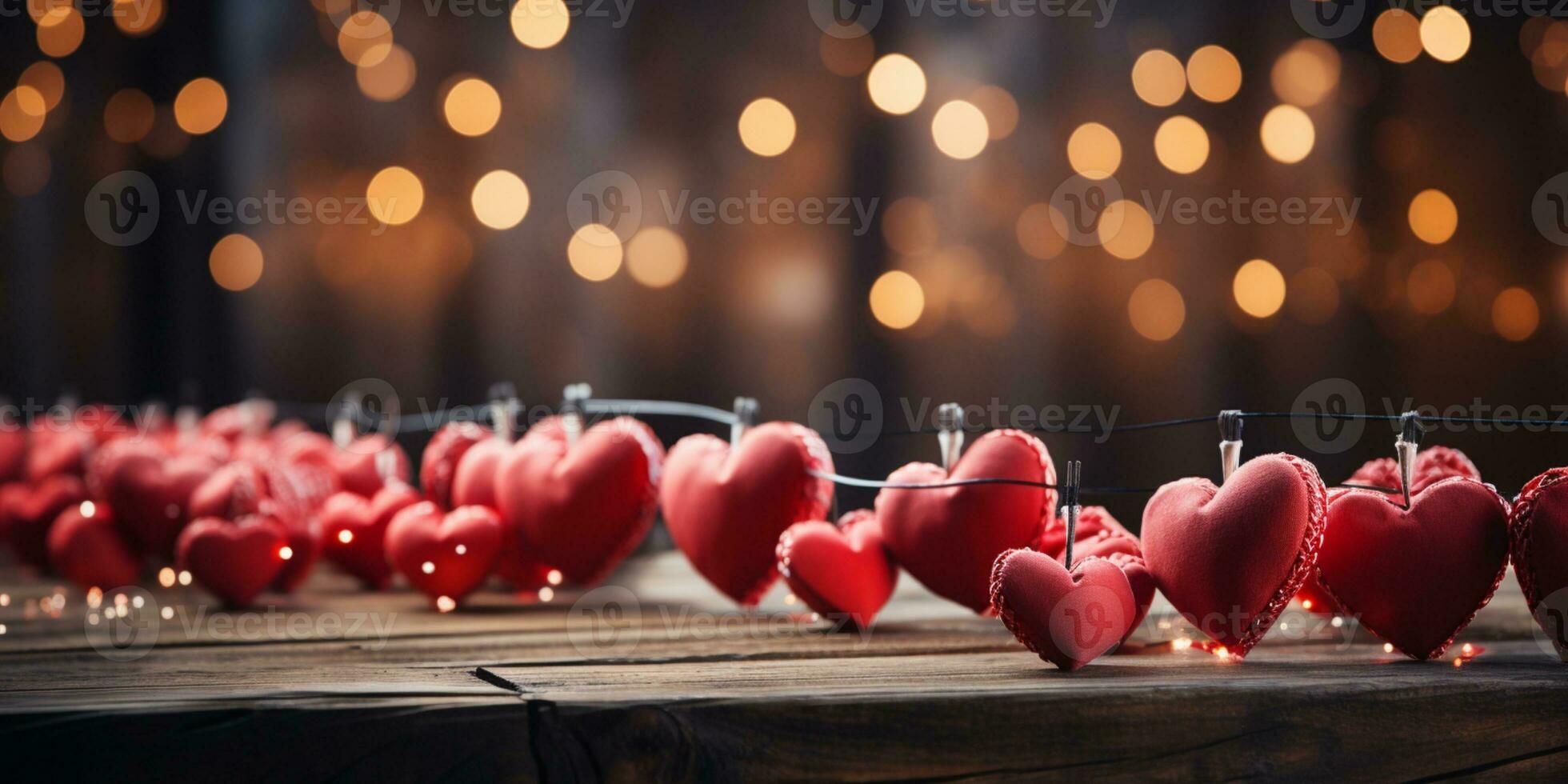 AI generated Happy Valentine's Day Wedding Birthday Background Banner Panoramic Greeting Red Hearts Hanging On Wooden Clothespins Rope With Bokeh Lights On Background photo