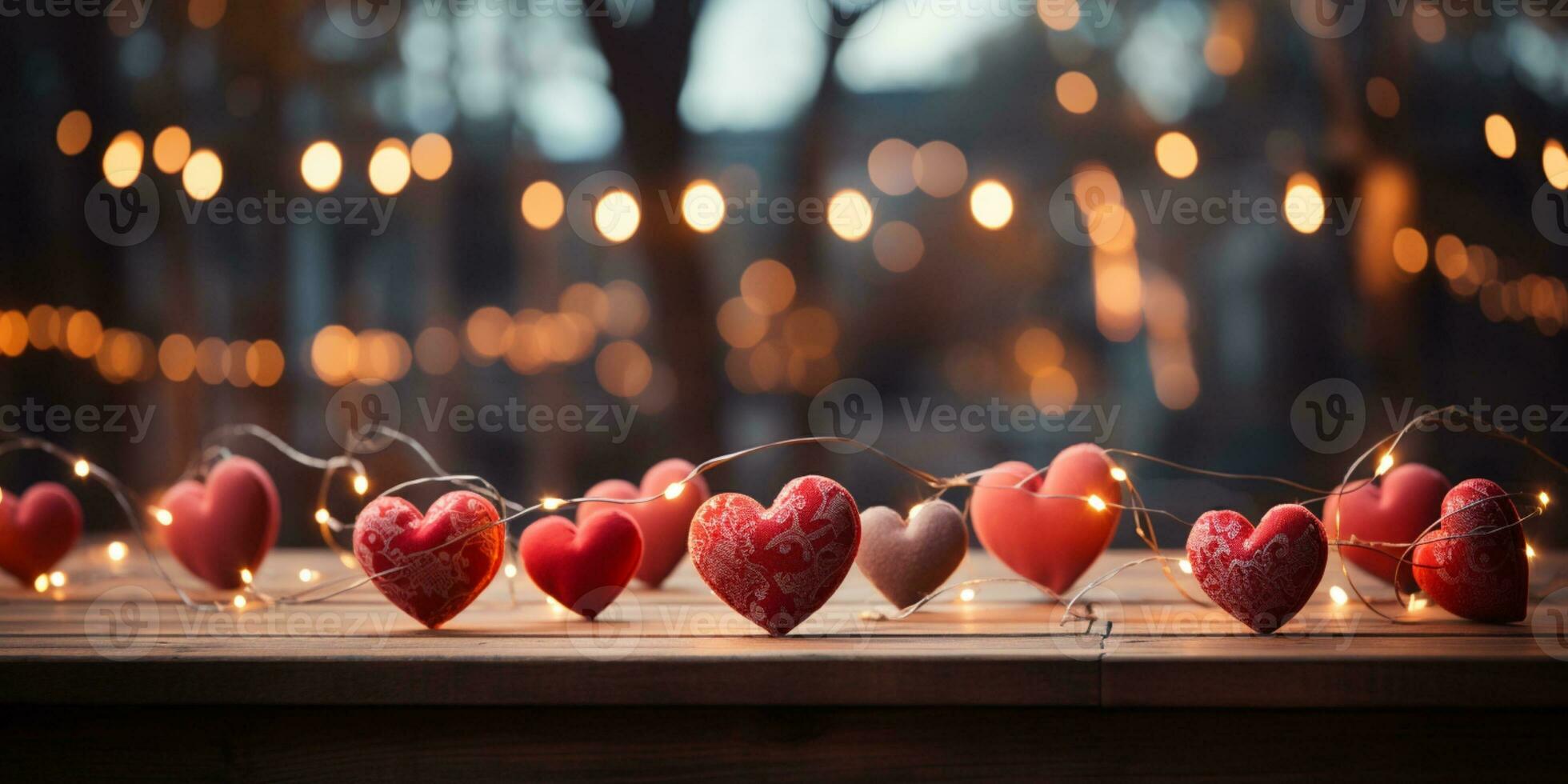 AI generated Happy Valentine's Day Wedding Birthday Background Banner Panoramic Greeting Red Hearts Hanging On Wooden Clothespins Rope With Bokeh Lights On Background photo