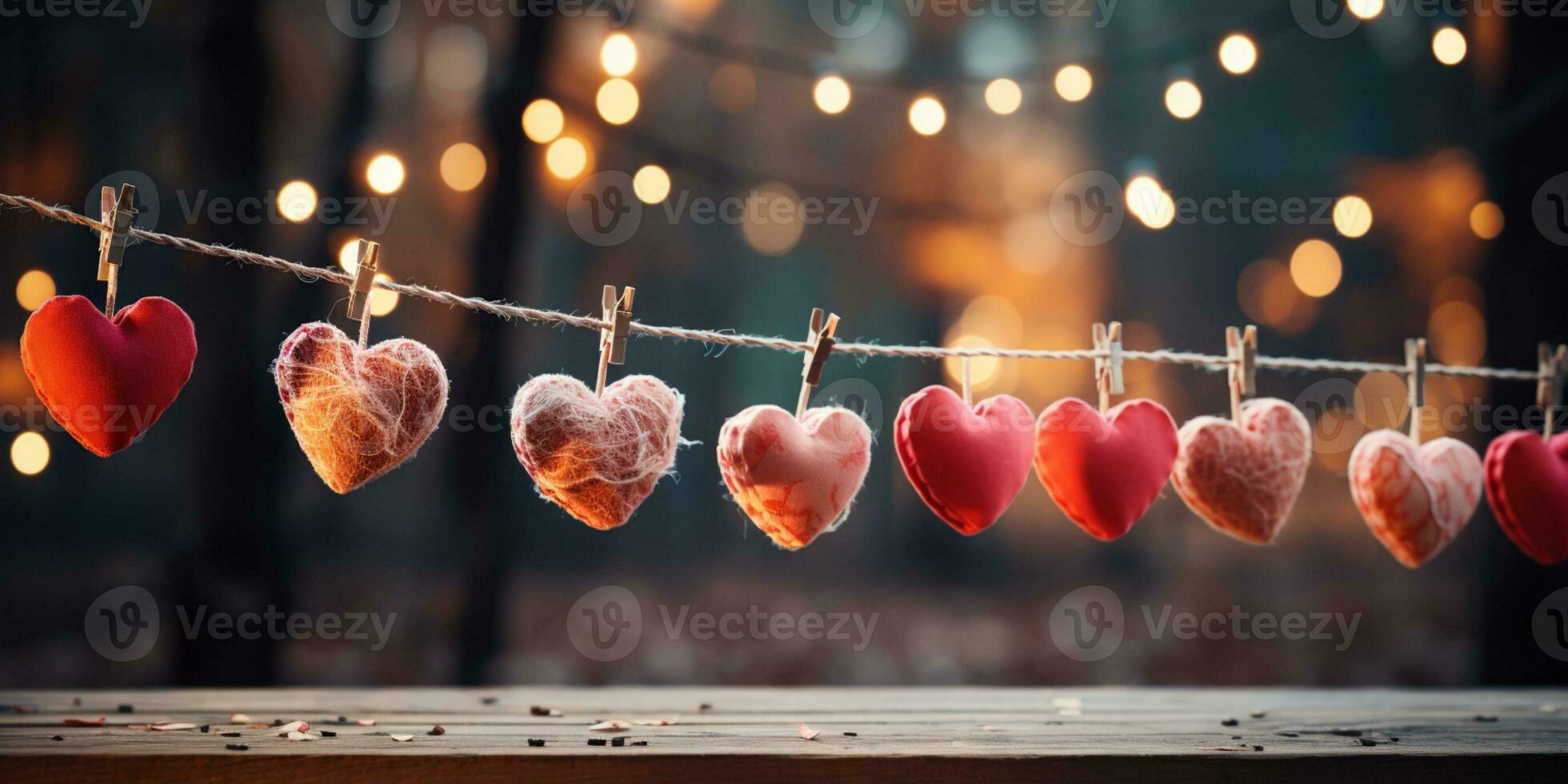 AI generated Happy Valentine's Day Wedding Birthday Background Banner Panoramic Greeting Red Hearts Hanging On Wooden Clothespins Rope With Bokeh Lights On Background photo