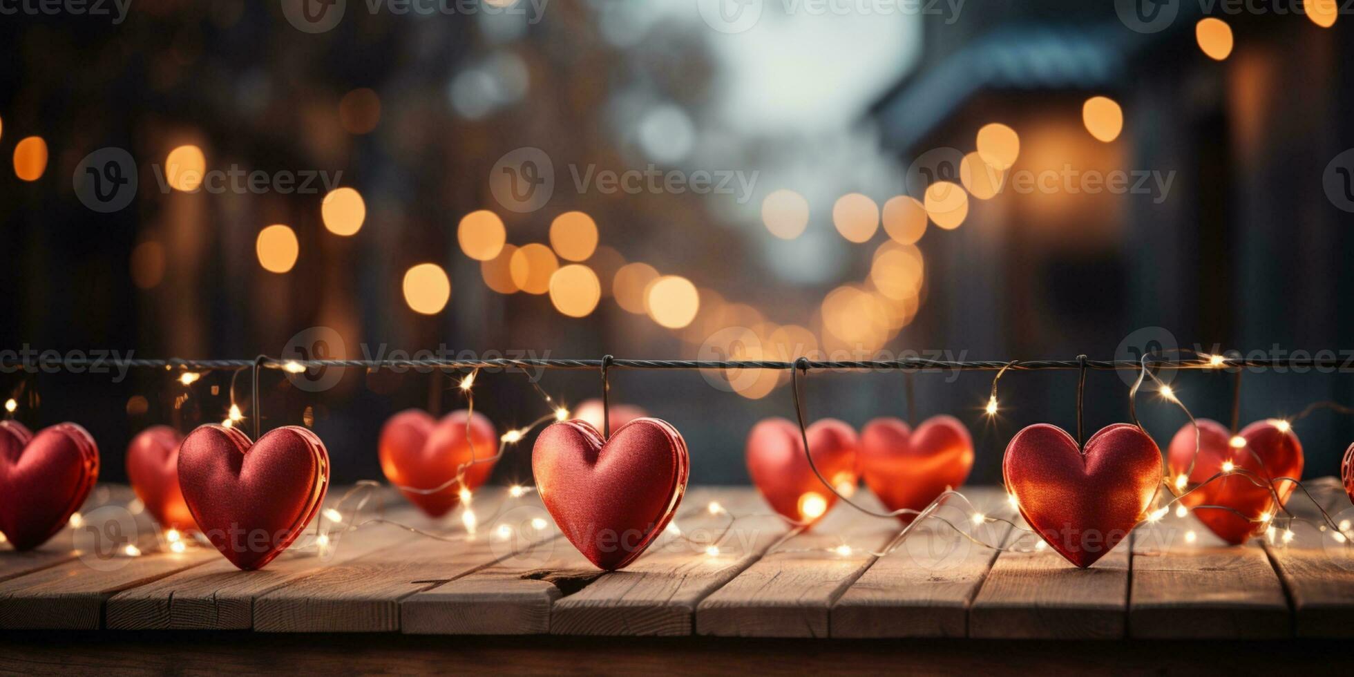 AI generated Happy Valentine's Day Wedding Birthday Background Banner Panoramic Greeting Red Hearts Hanging On Wooden Clothespins Rope With Bokeh Lights On Background photo