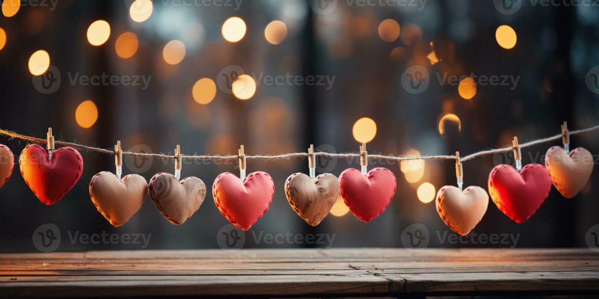 AI generated Happy Valentine's Day Wedding Birthday Background Banner Panoramic Greeting Red Hearts Hanging On Wooden Clothespins Rope With Bokeh Lights On Background photo