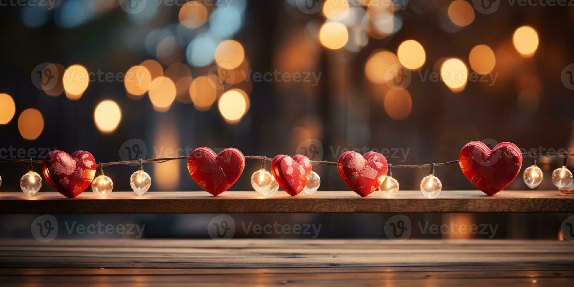 AI generated Happy Valentine's Day Wedding Birthday Background Banner Panoramic Greeting Red Hearts Hanging On Wooden Clothespins Rope With Bokeh Lights On Background photo