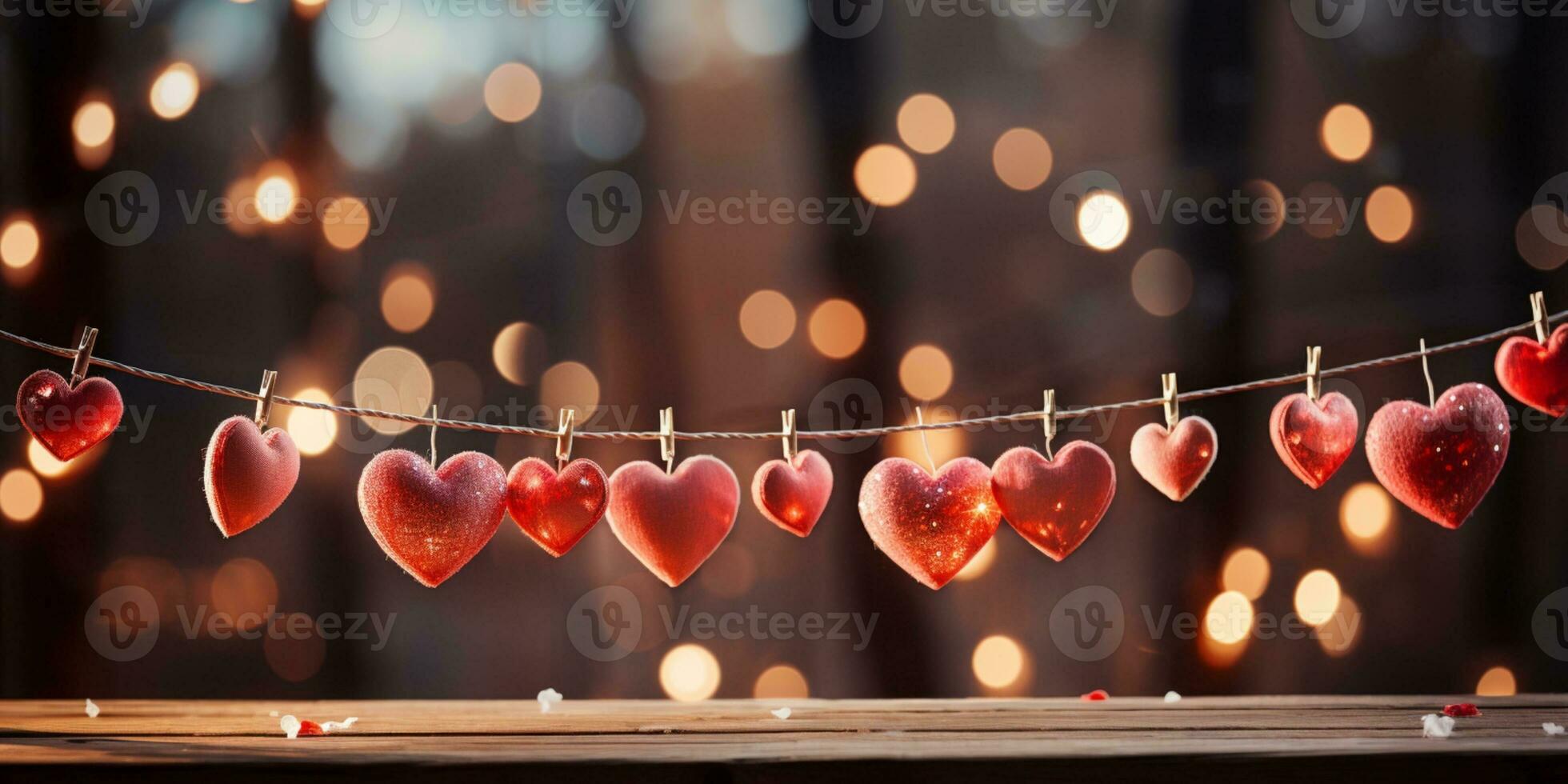 AI generated Happy Valentine's Day Wedding Birthday Background Banner Panoramic Greeting Red Hearts Hanging On Wooden Clothespins Rope With Bokeh Lights On Background photo