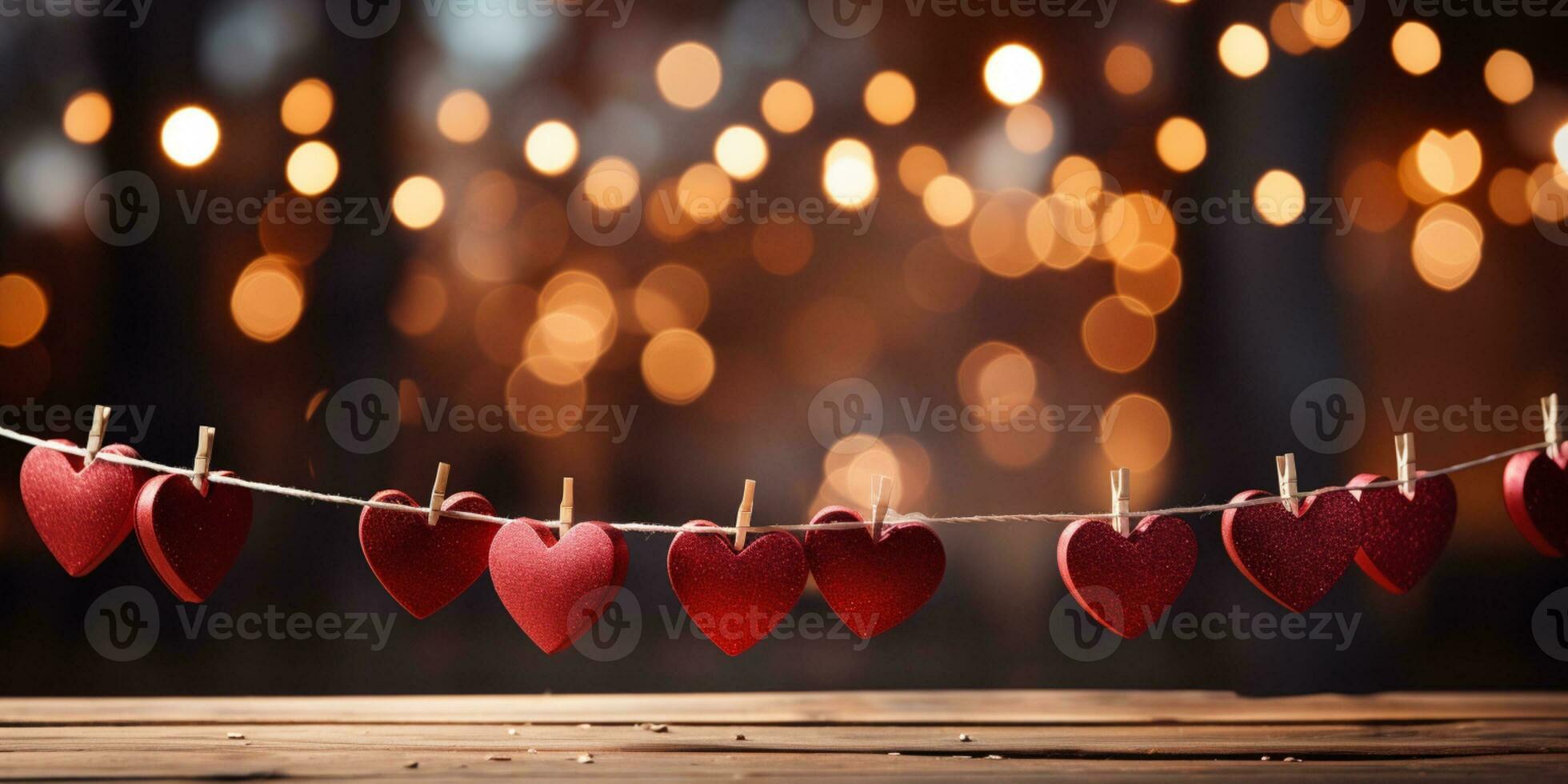 AI generated Happy Valentine's Day Wedding Birthday Background Banner Panoramic Greeting Red Hearts Hanging On Wooden Clothespins Rope With Bokeh Lights On Background photo