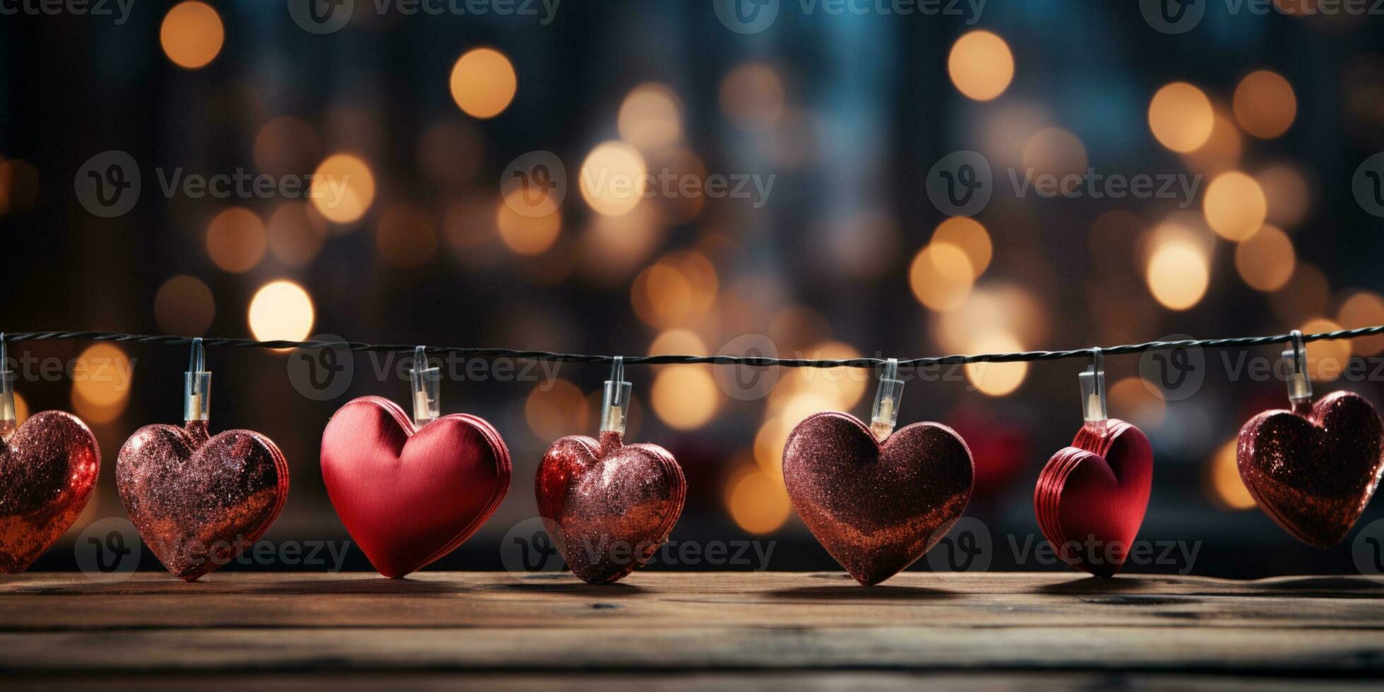 AI generated Happy Valentine's Day Wedding Birthday Background Banner Panoramic Greeting Red Hearts Hanging On Wooden Clothespins Rope With Bokeh Lights On Background photo