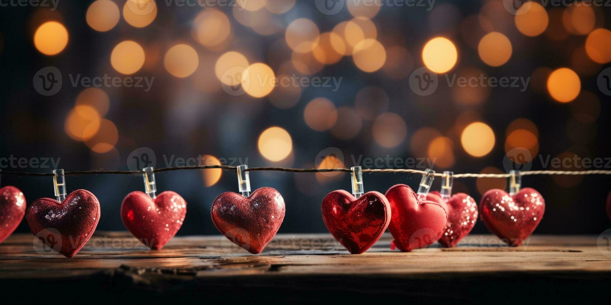 AI generated Happy Valentine's Day Wedding Birthday Background Banner Panoramic Greeting Red Hearts Hanging On Wooden Clothespins Rope With Bokeh Lights On Background photo