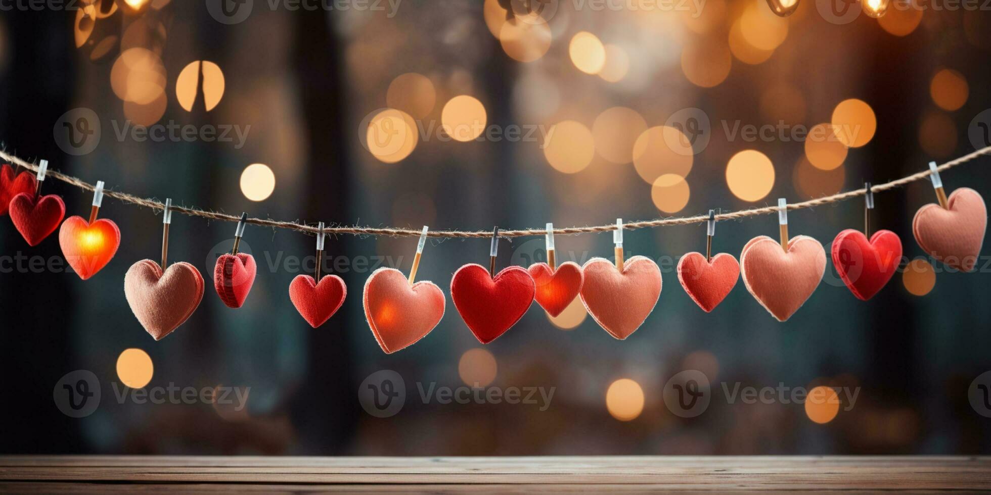 AI generated Happy Valentine's Day Wedding Birthday Background Banner Panoramic Greeting Red Hearts Hanging On Wooden Clothespins Rope With Bokeh Lights On Background photo