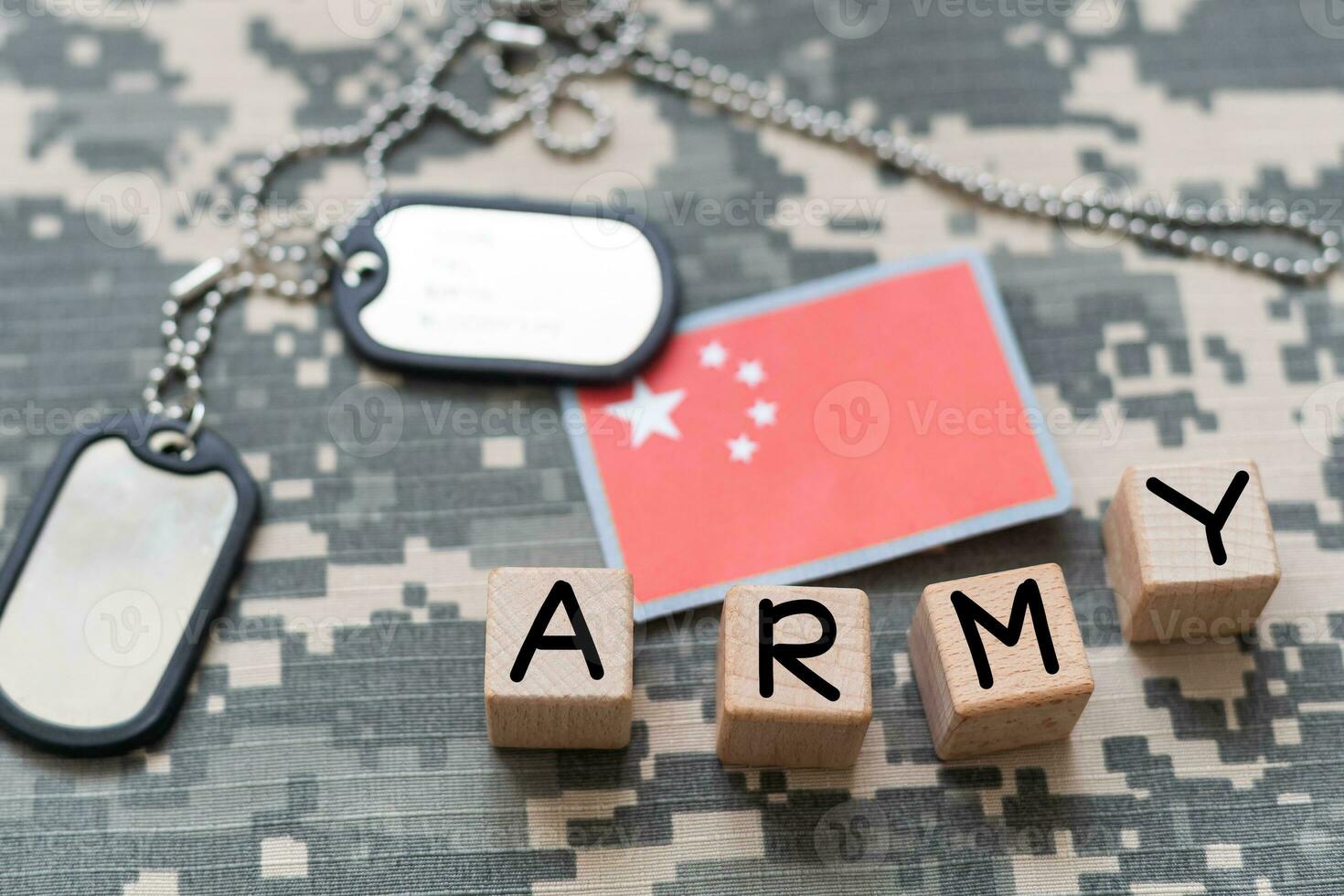 china ARMY concept with dog tags on camouflage uniform photo