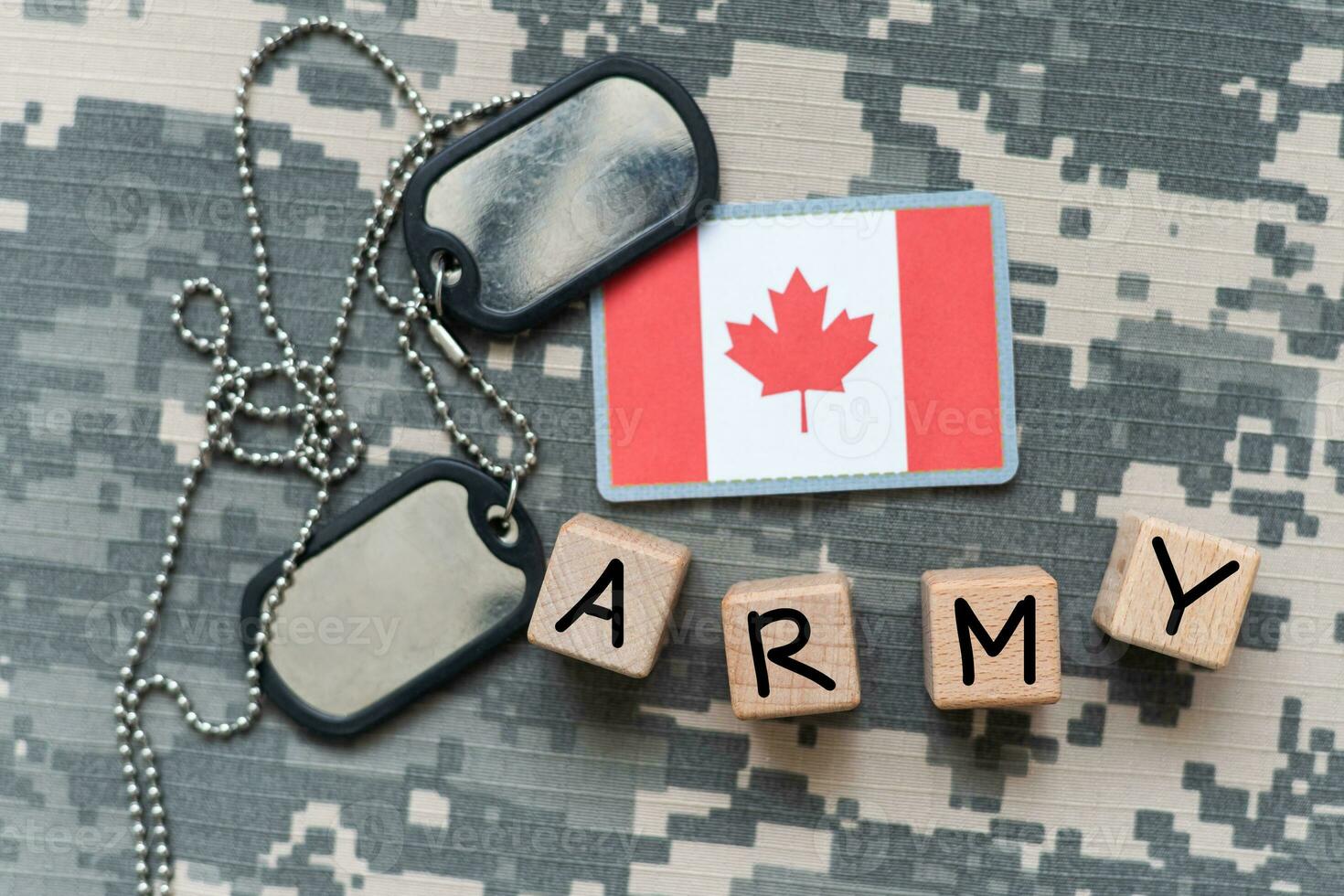 army blank, dog tag with flag of canada on the khaki texture background. military concept photo