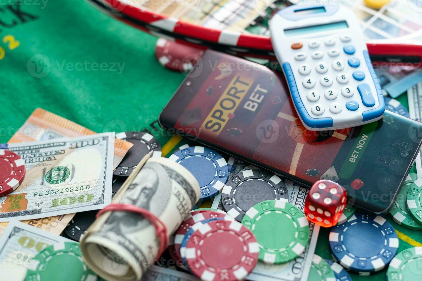 Online poker concept. Smartphone and poker chips on a green background. Poker online banner. Copy space. Vignette. Place for text. Gambling. Background. photo