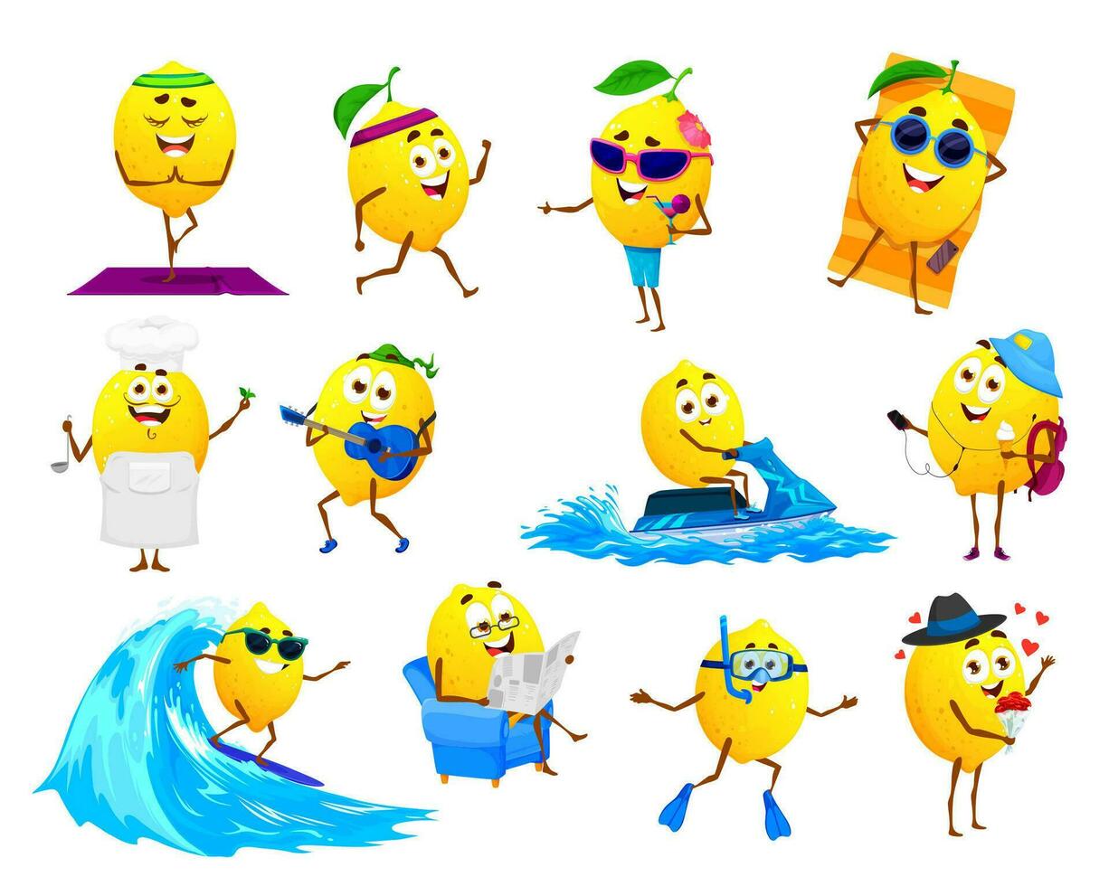 Cartoon lemon on vacation cheerful characters vector