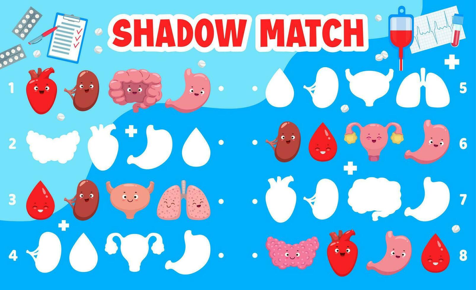 Shadow match game quiz, cartoon human body organs vector