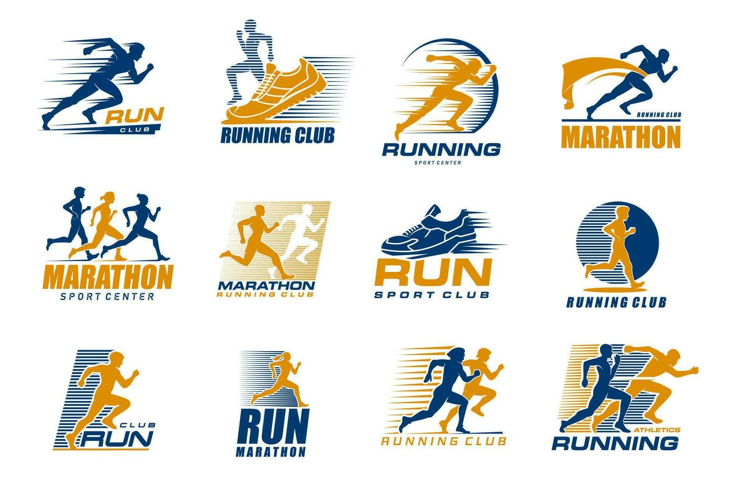 maratón correr deporte iconos, corredor hombres y mujer vector