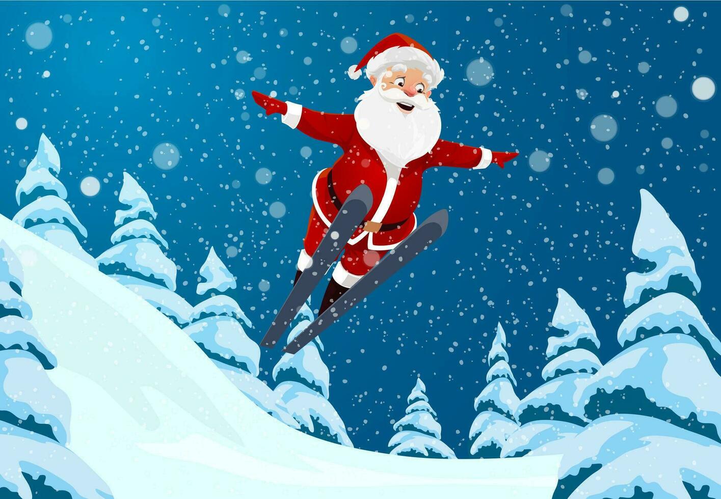 Christmas Santa jumps from springboard on ski vector
