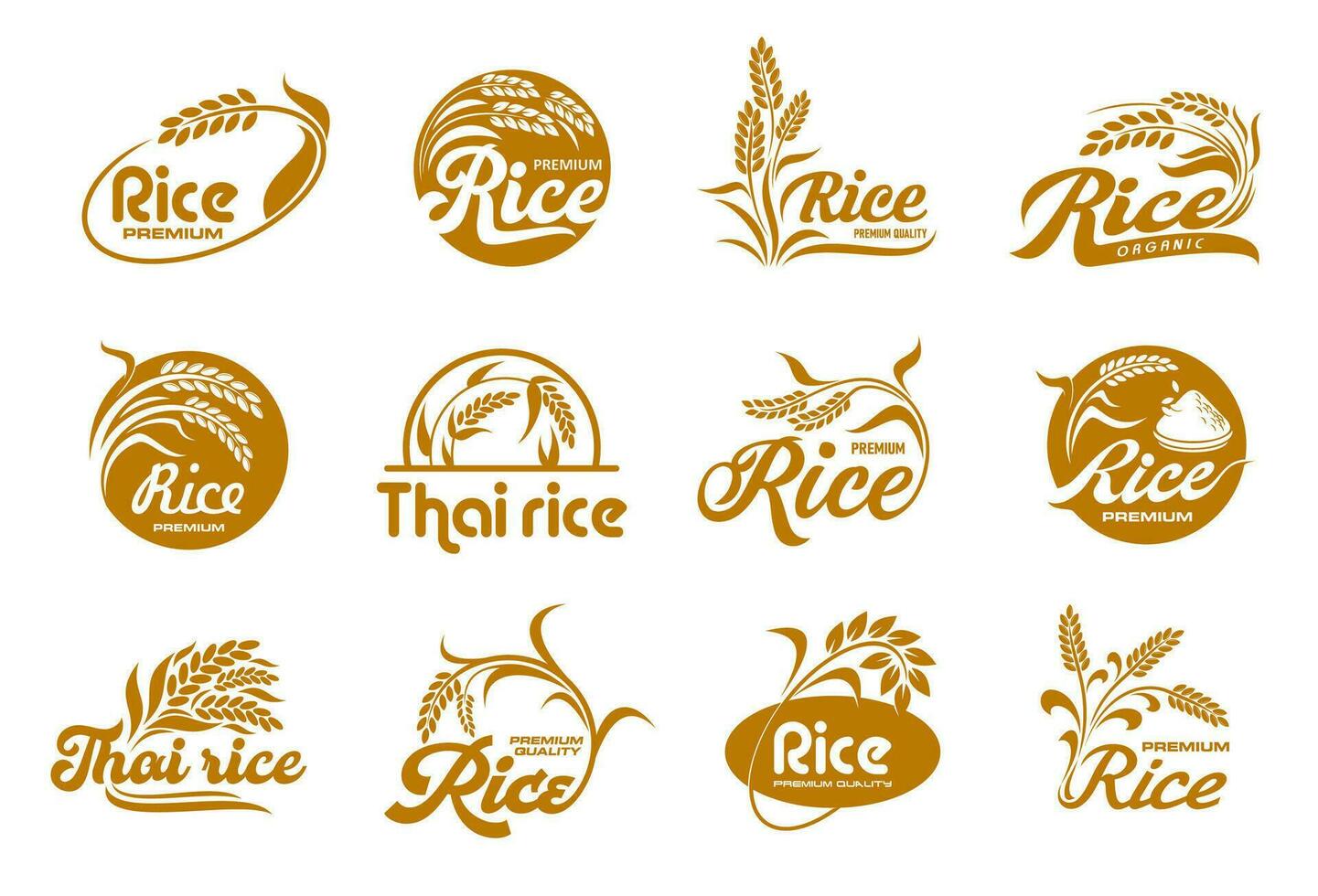 Rice icons, organic grain food, farm seed package vector