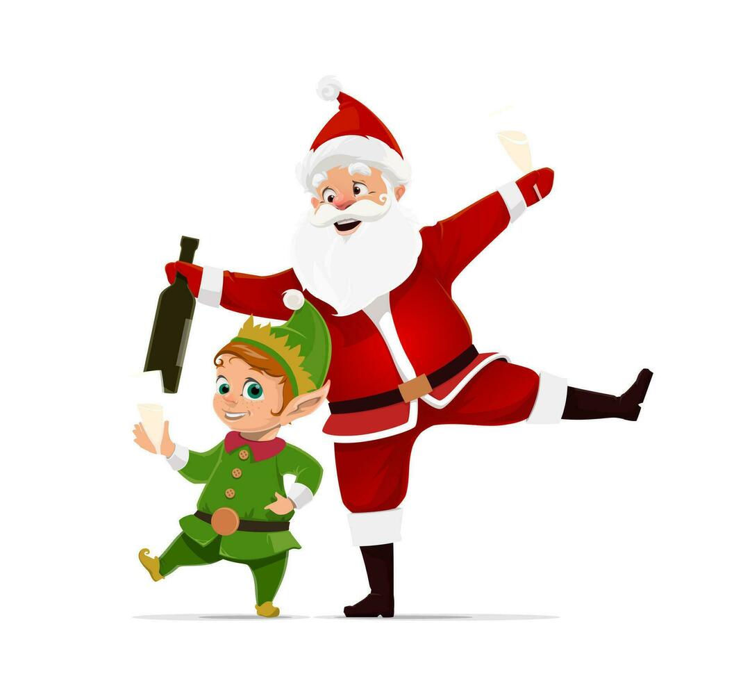 Cartoon Christmas Santa dancing with elf and wine vector