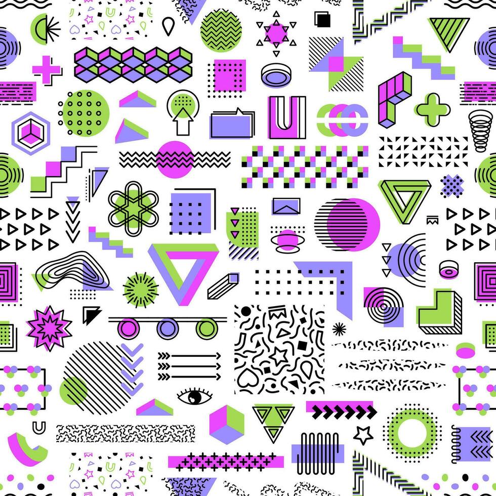 Memphis geometric, funky shapes seamless pattern vector