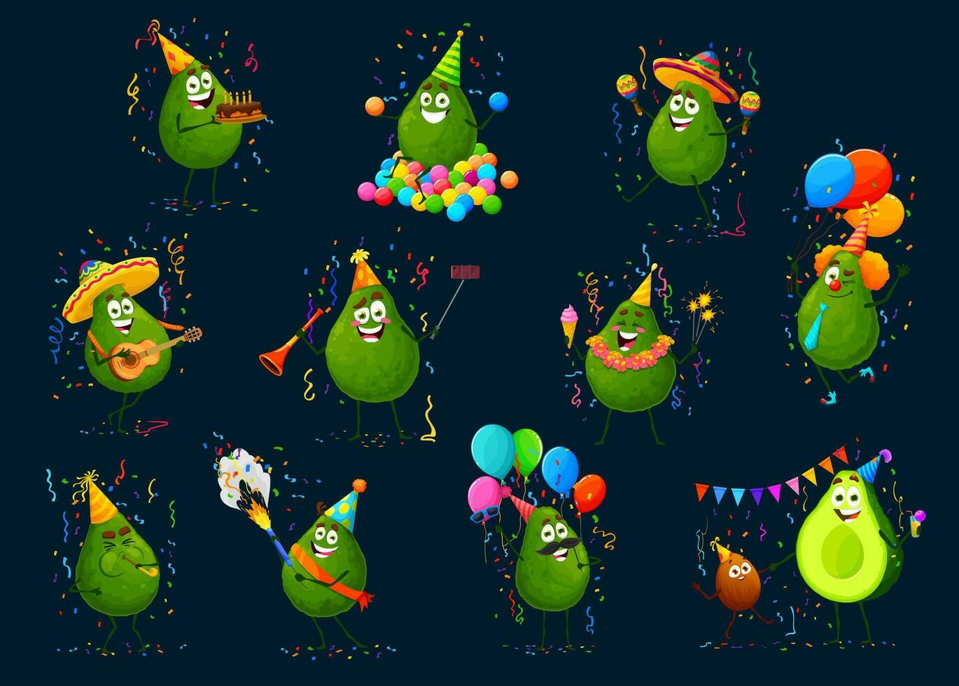 dibujos animados aguacate caracteres en fiesta fiesta conjunto vector