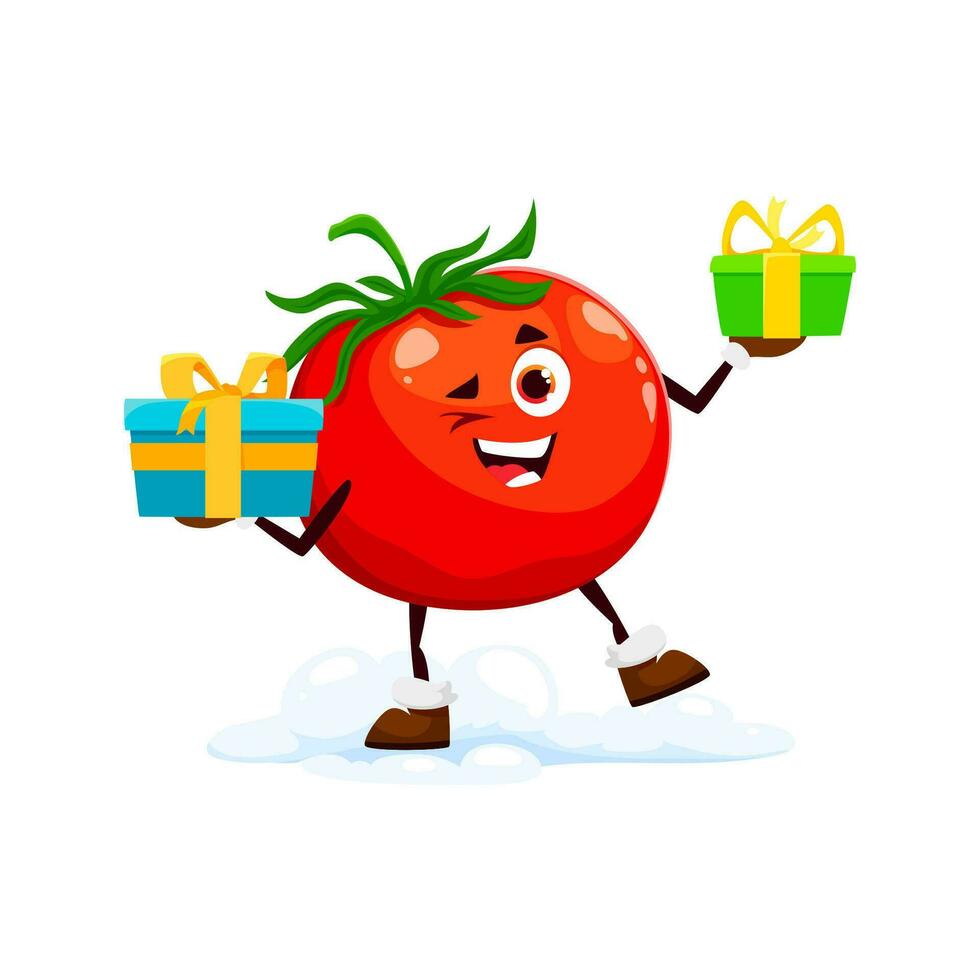 Cartoon Christmas tomato with Santa gift boxes vector