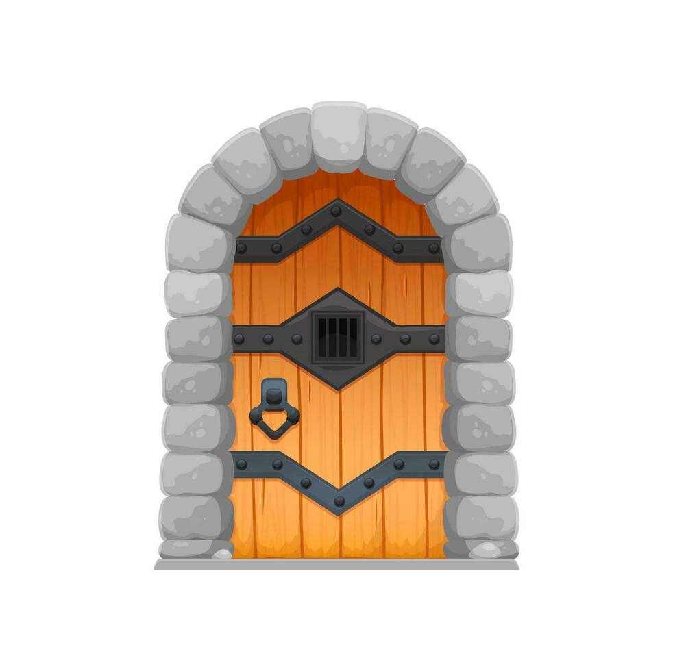 Cartoon medieval castle gate, wooden door vector