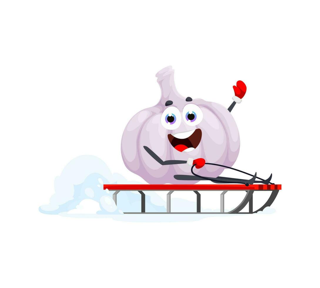 Cartoon Christmas garlic riding on winter sleigh vector