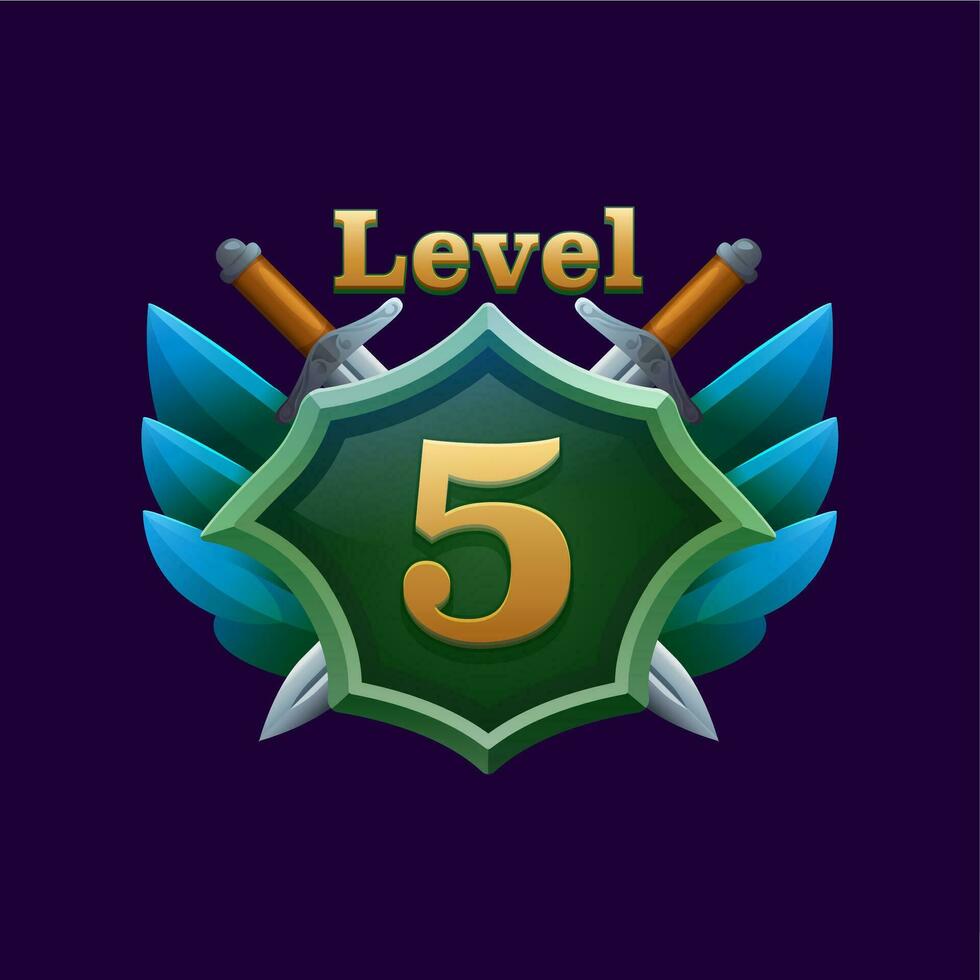 Game 5 level badge on shield with swords for GUI vector