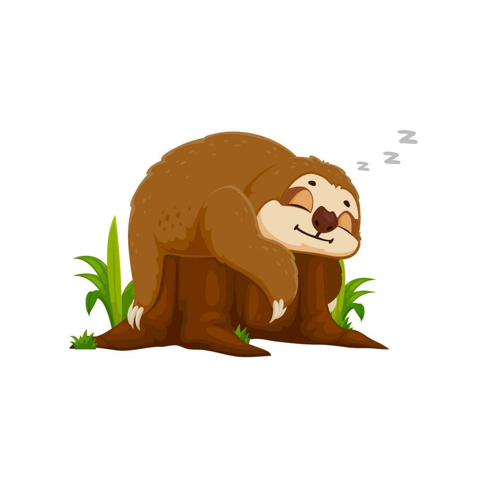 Cartoon funny sloth peacefully sleep on tree stump vector