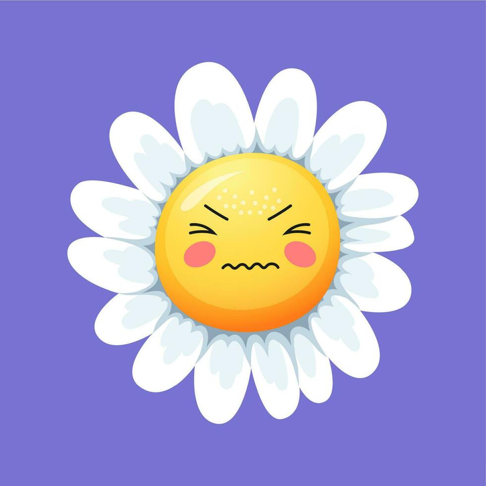 Cartoon angry chamomile daisy flower nervous smile vector