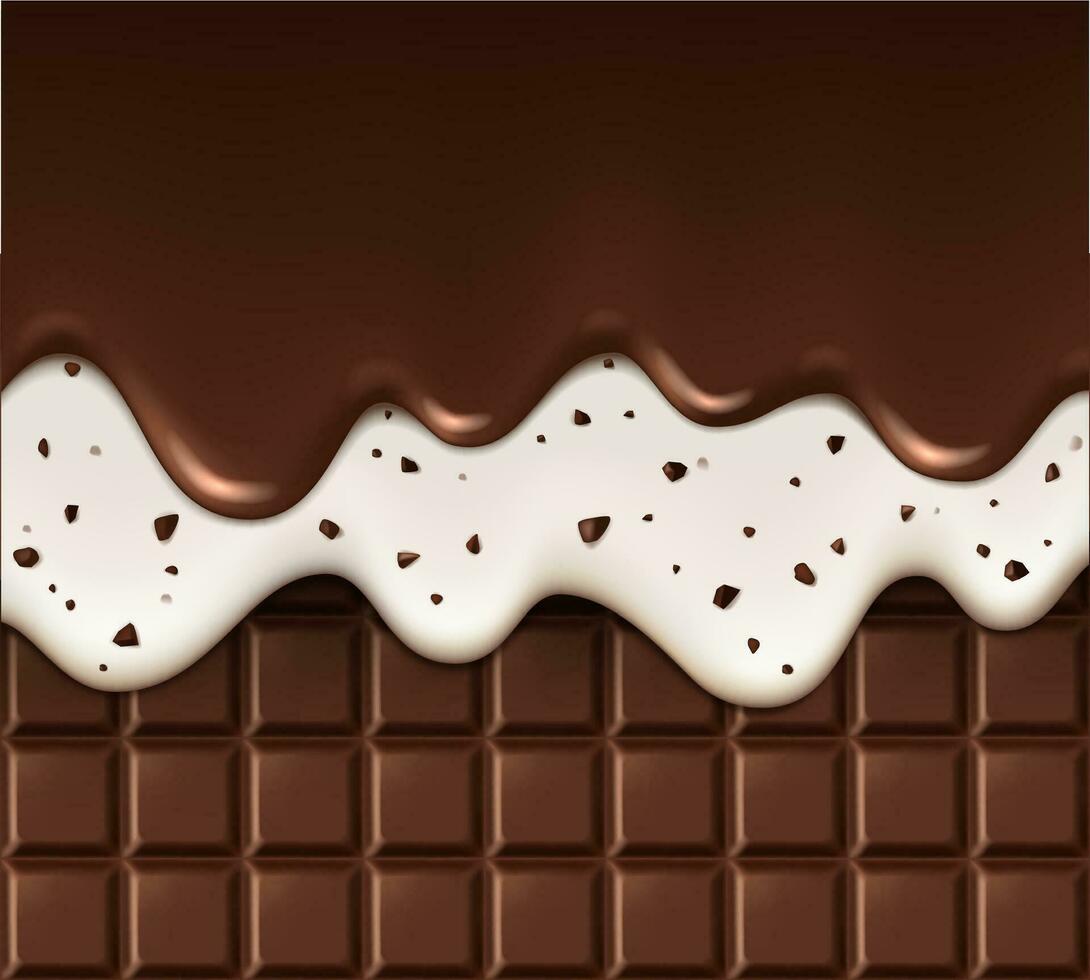 Realistic chocolate chip, melting drips, choco bar vector