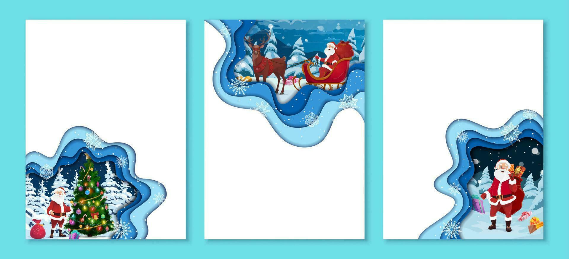 Christmas paper cut banners, cartoon santa vector