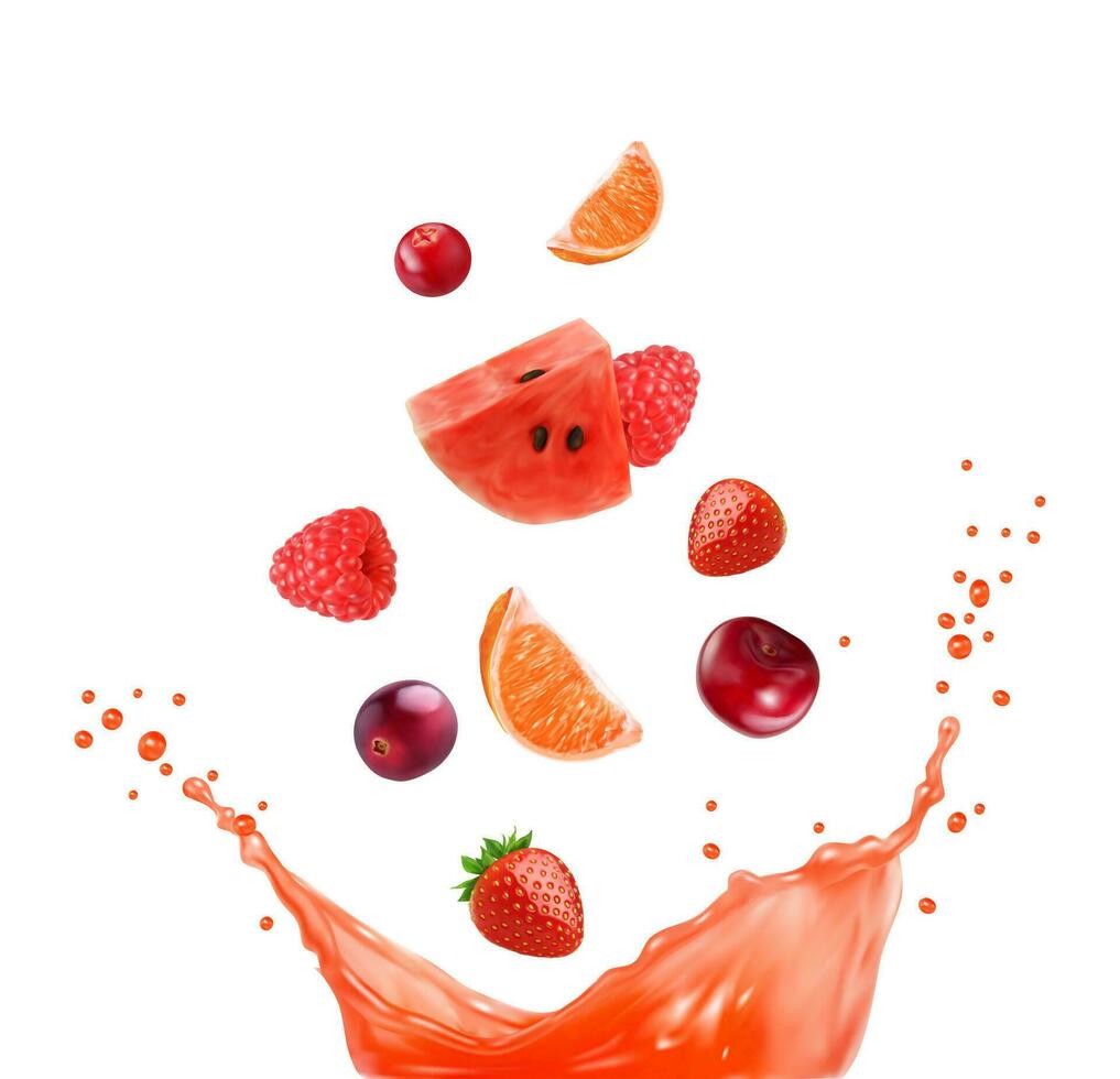 Red fruits juice mix splash of orange, strawberry vector