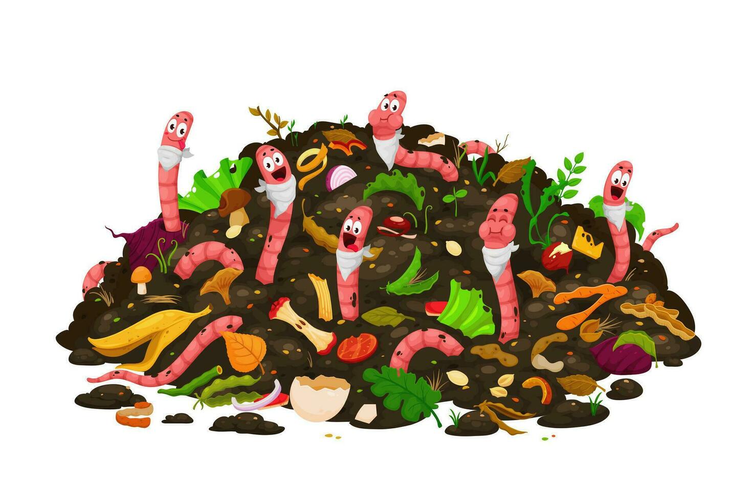 Cartoon earth worms eating compost, organic wastes vector