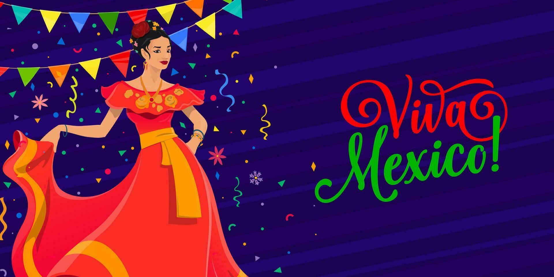 Viva mexico bandera con bailando mujer y papel picado vector
