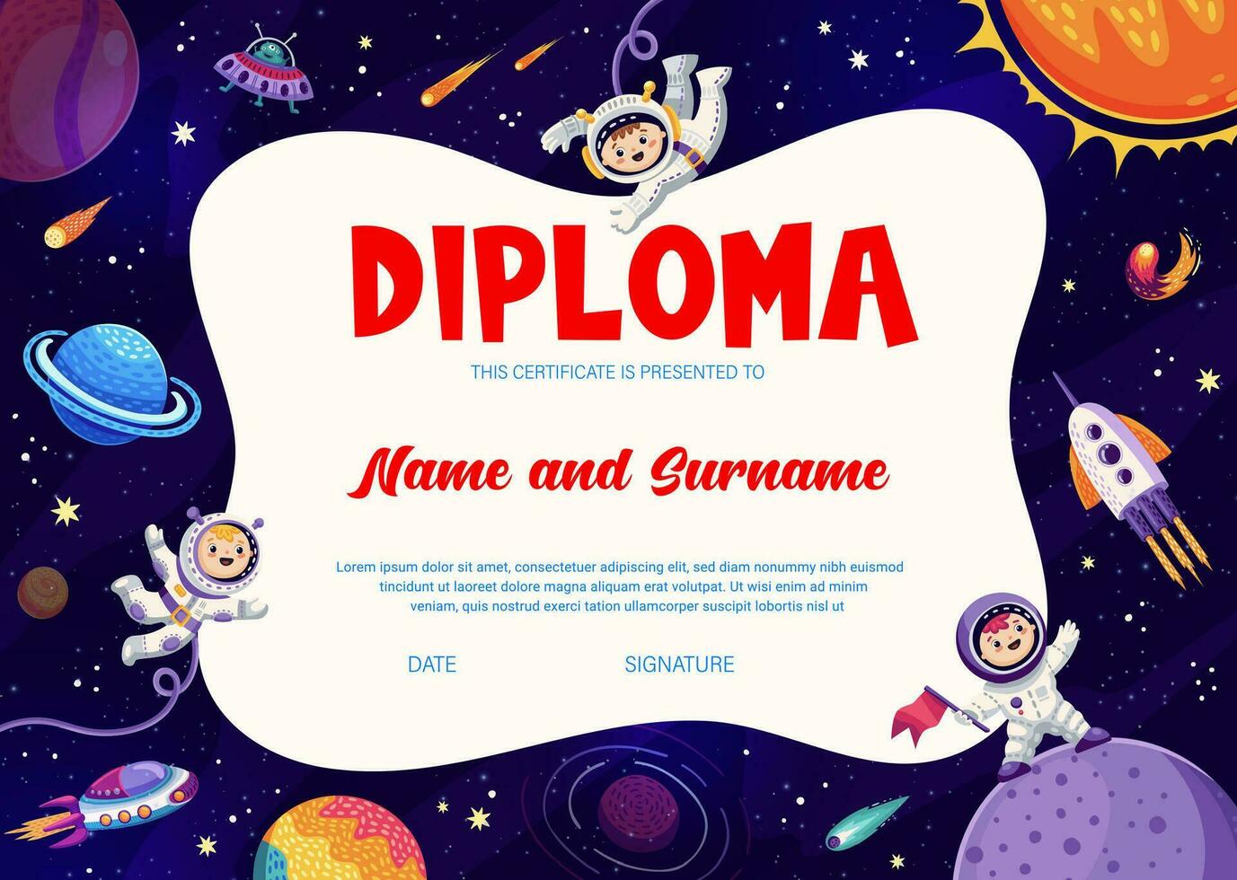 Kids astronaut diploma, cartoon galaxy space frame vector