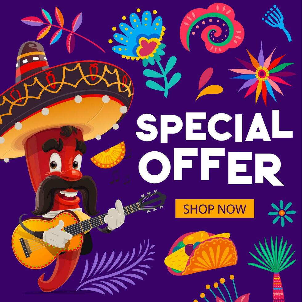 Mexican holiday special offer banner with mariachi vector
