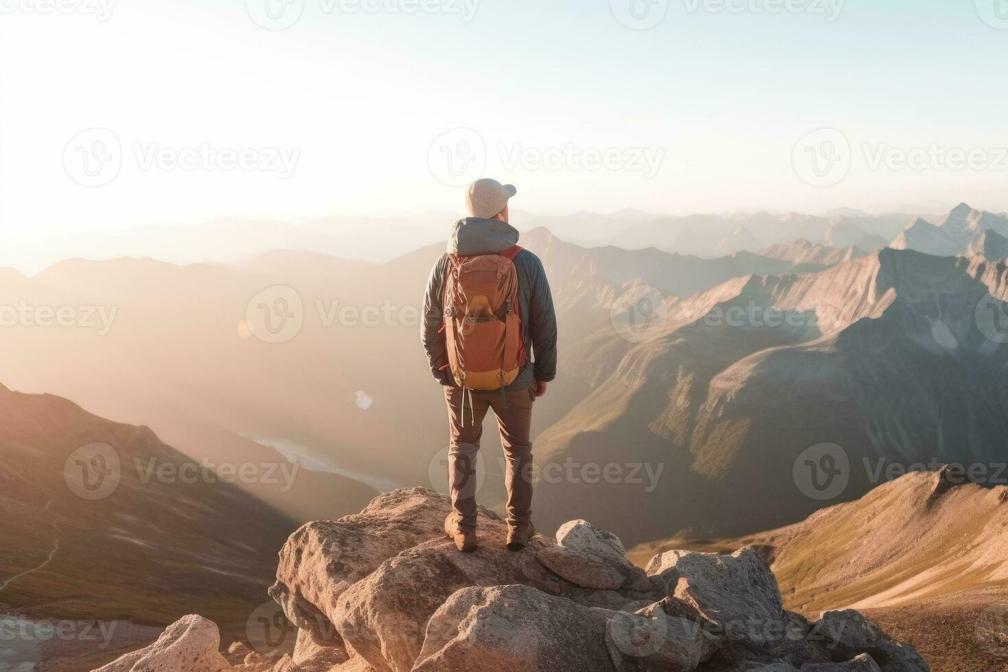 AI generated Group of male hikers admiring a scenic view from a mountain top. Adventurous young men with backpacks. Hiking and trekking on a nature trail. Traveling by foot. photo