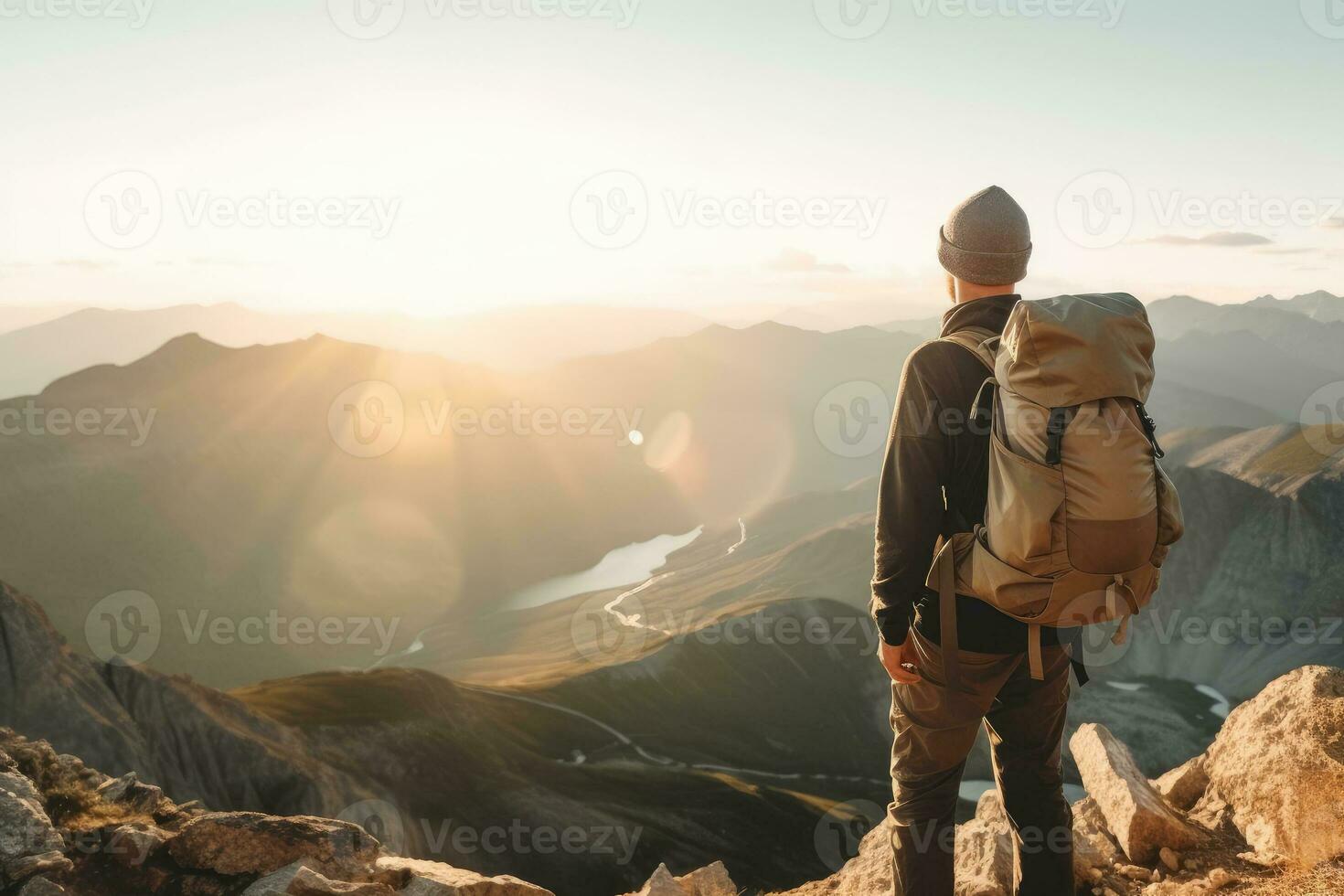 AI generated Group of male hikers admiring a scenic view from a mountain top. Adventurous young men with backpacks. Hiking and trekking on a nature trail. Traveling by foot. photo