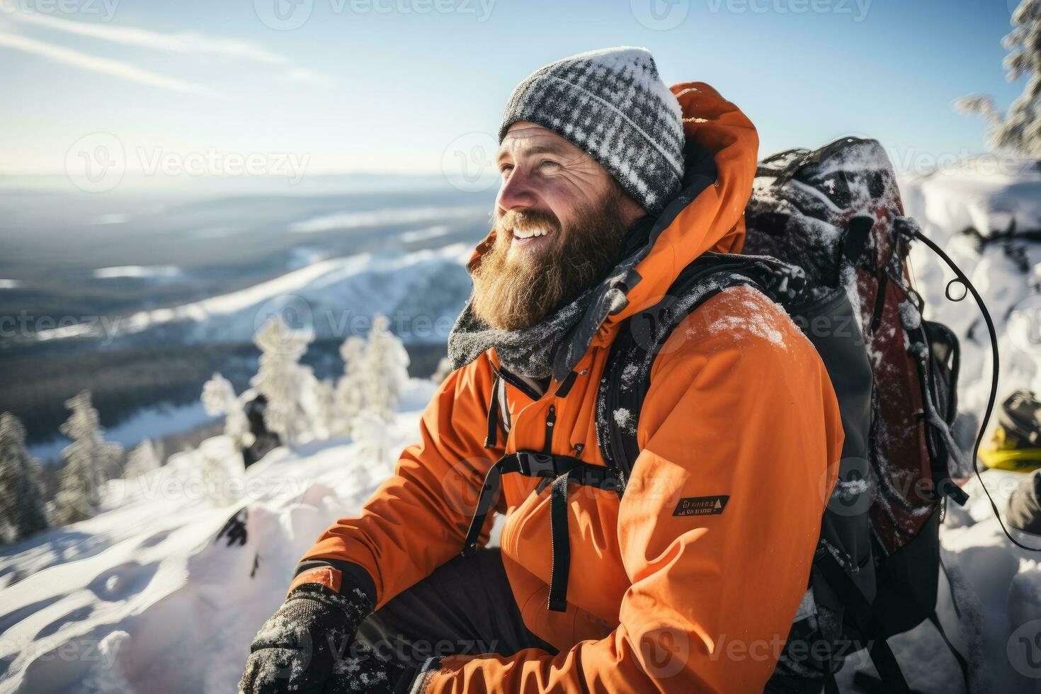 AI generated Group of male hikers admiring a scenic view from a mountain top. Adventurous young men with backpacks. Hiking and trekking on a nature trail. Traveling by foot. photo