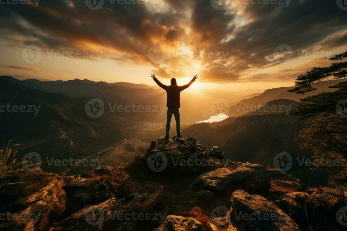 AI generated Group of male hikers admiring a scenic view from a mountain top. Adventurous young men with backpacks. Hiking and trekking on a nature trail. Traveling by foot. photo