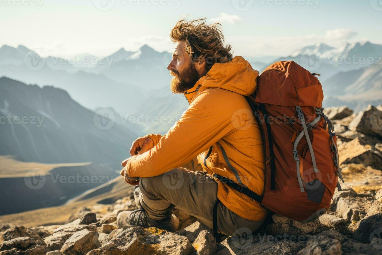 AI generated Group of male hikers admiring a scenic view from a mountain top. Adventurous young men with backpacks. Hiking and trekking on a nature trail. Traveling by foot. photo