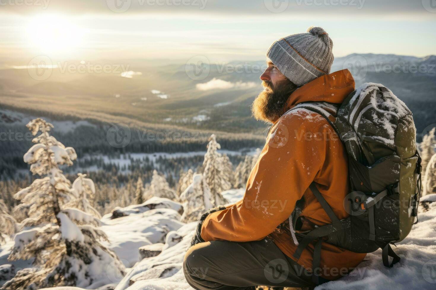 AI generated Group of male hikers admiring a scenic view from a mountain top. Adventurous young men with backpacks. Hiking and trekking on a nature trail. Traveling by foot. photo